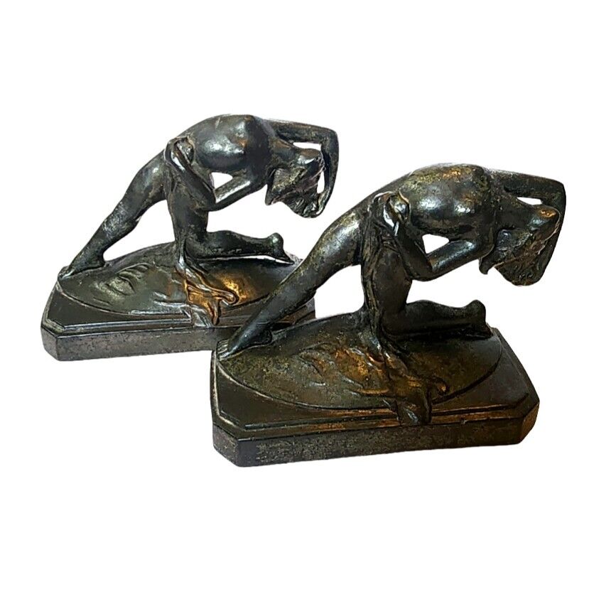 Pair Antique Art Deco Nouveau Cast Iron Bronze Bookends Nude Female Erotic Art