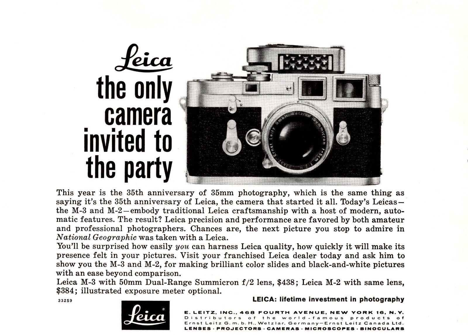 Leica M3 L 50mm  Summicron f/2 lens 35th anniversary Vintage Print Ad Circa 1959