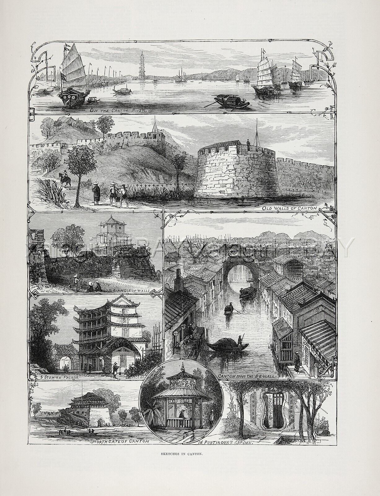 China Guangzhou Canton 8 Views of City, Zhenhai Tower Large 1880s Antique Print