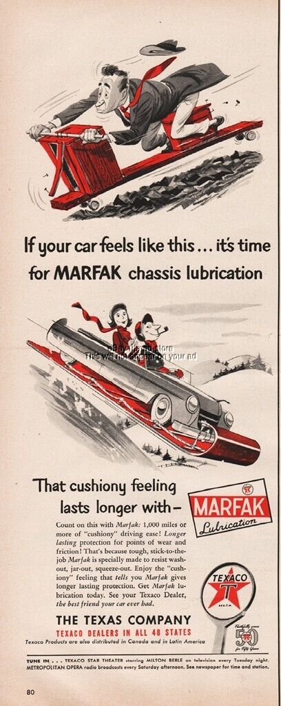 1952 Texaco Marfax Lubrication Coal Car On Sled Cushiony Feeling Art Magazine Ad