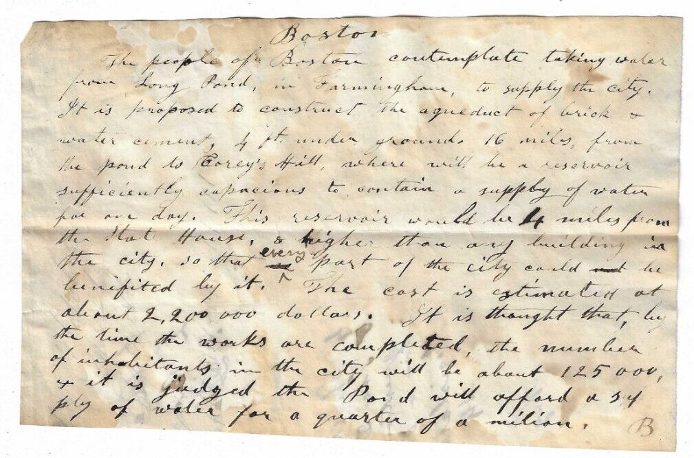 Ca. 1830s Boston MA Water Supply Aqueduct Long Pond Natick Handwritten Document