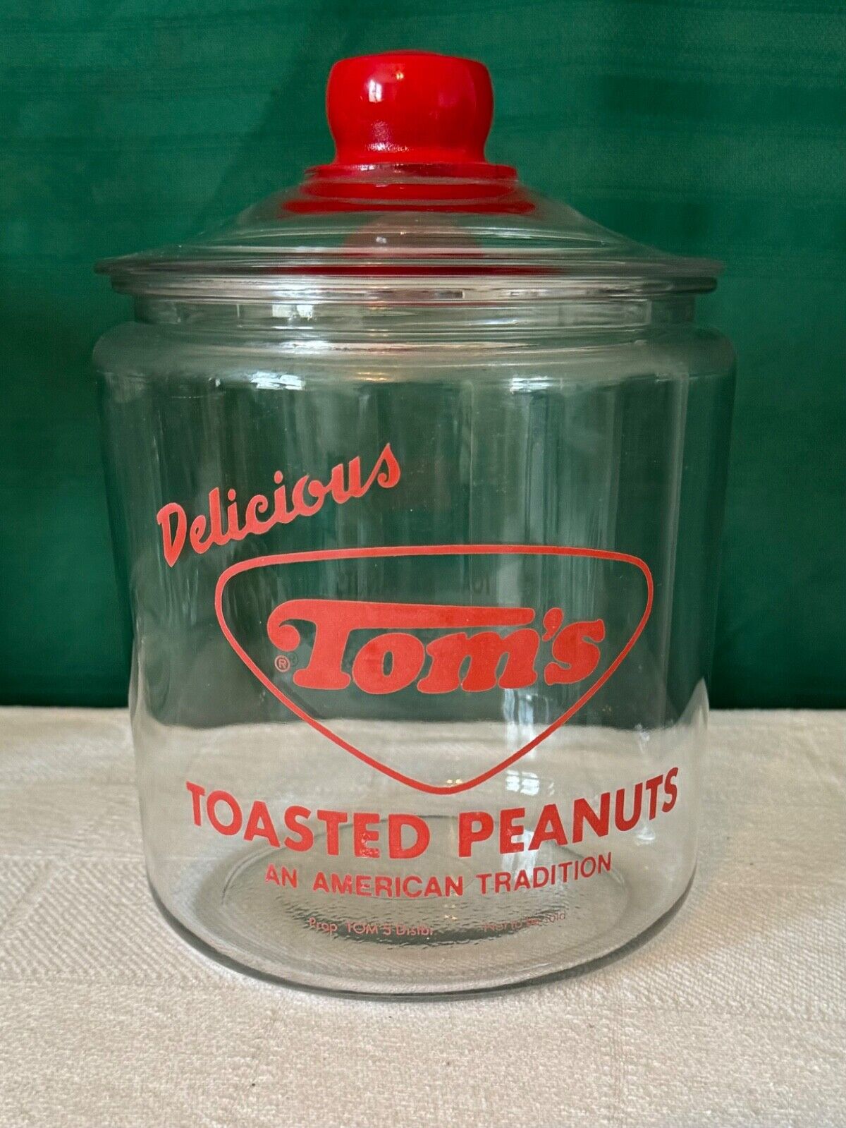 Vintage Tom’s Toasted Peanuts Glass Jar , Red Littering, And Red Top 
