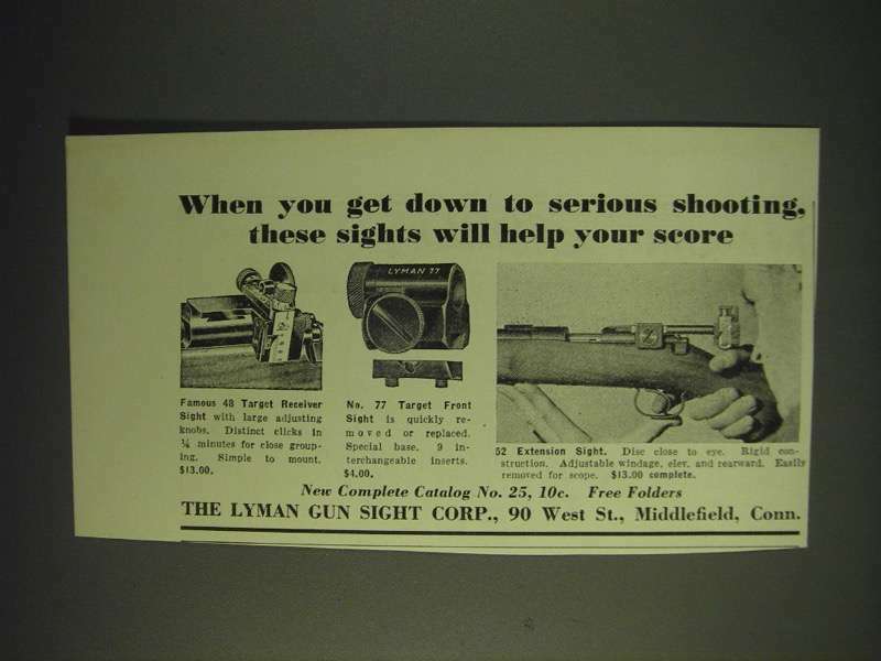 1937 lyman Sights Ad - 48 Target Receiver, No. 77 Target Front and 52 Extension