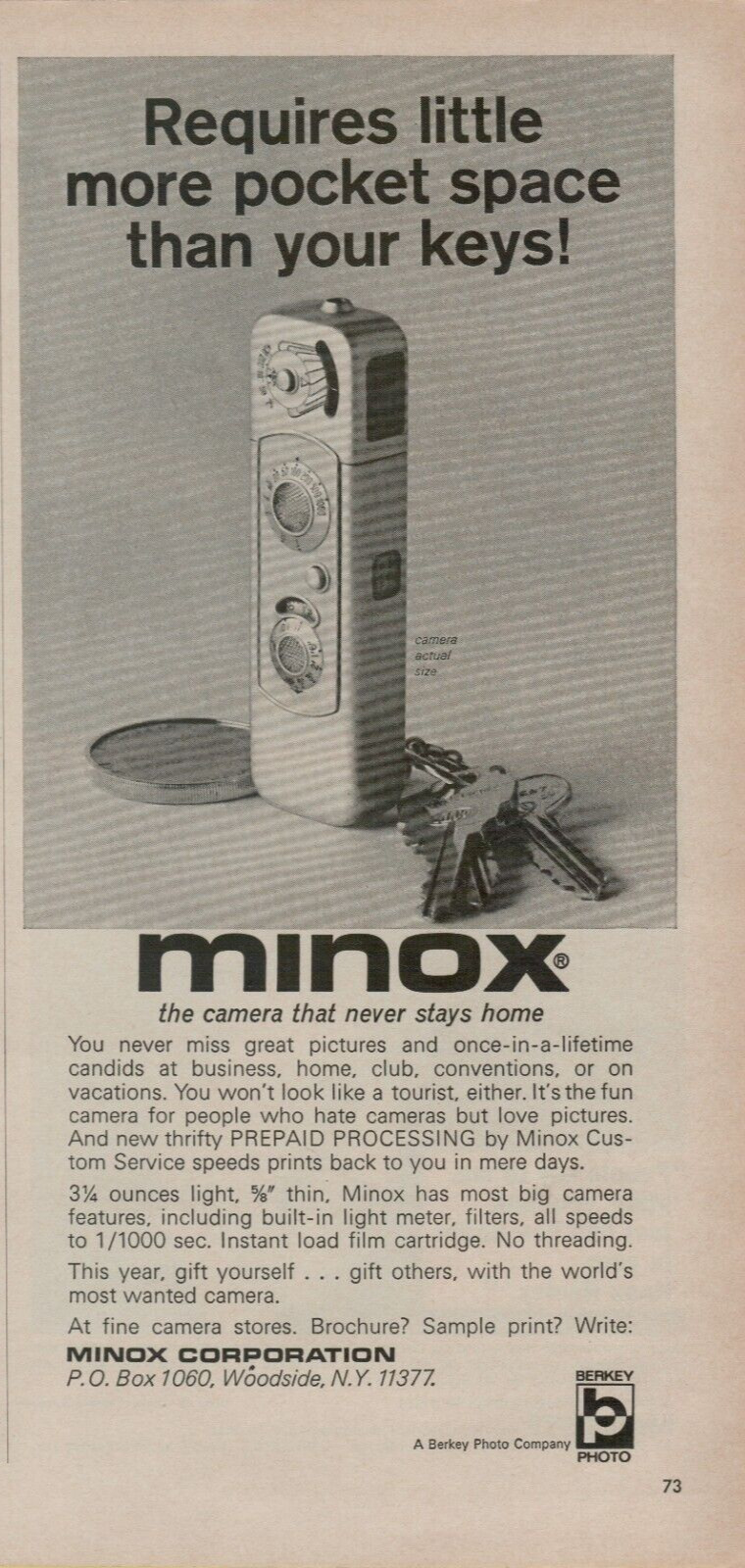 1966 Minox Ultra-Miniature Camera Size of Your Keys Most Wanted VINTAGE PRINT AD