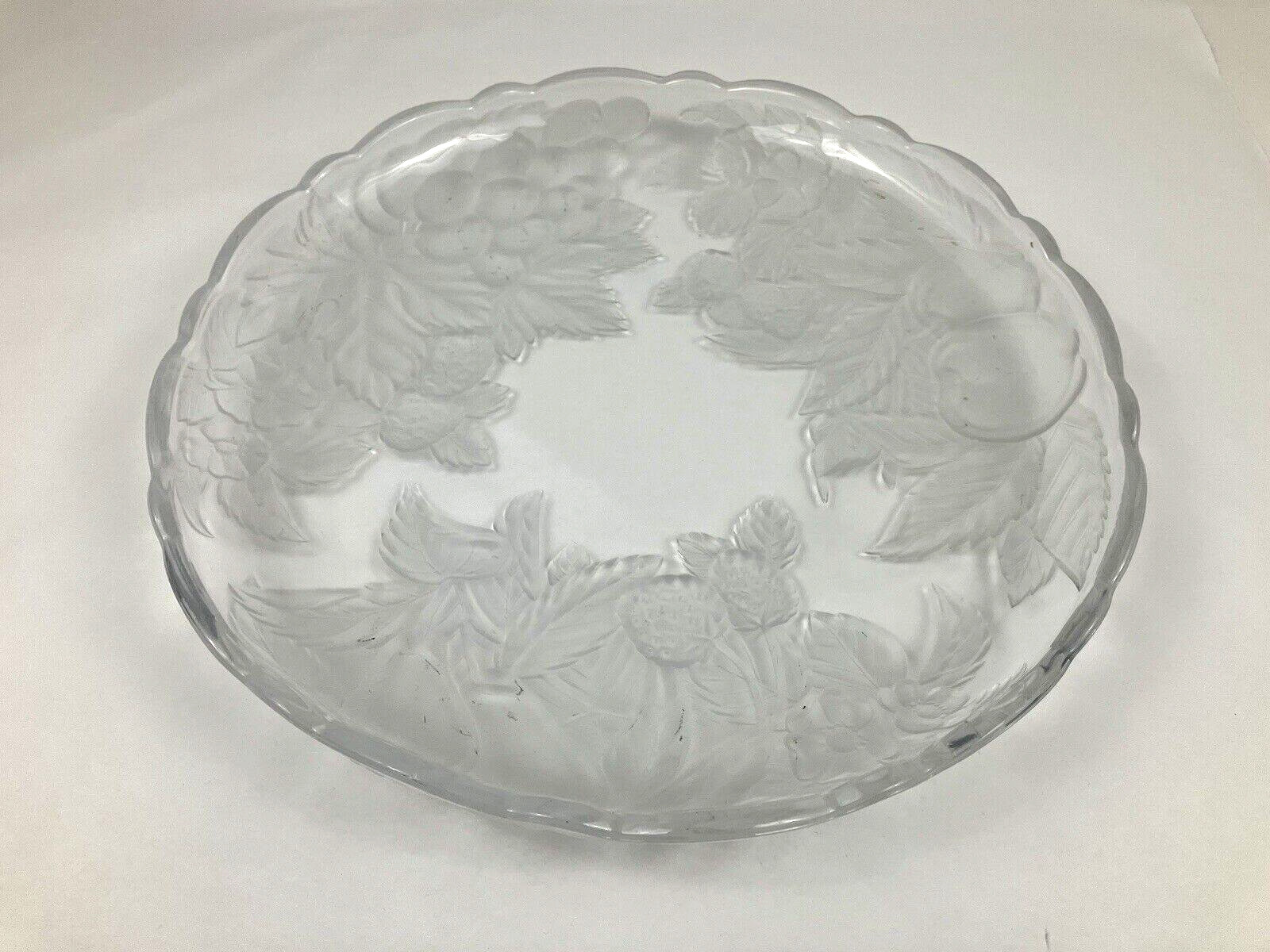 Vintage Large Frosted Glass Serving Platter Dish Scalloped Edges Fruit design