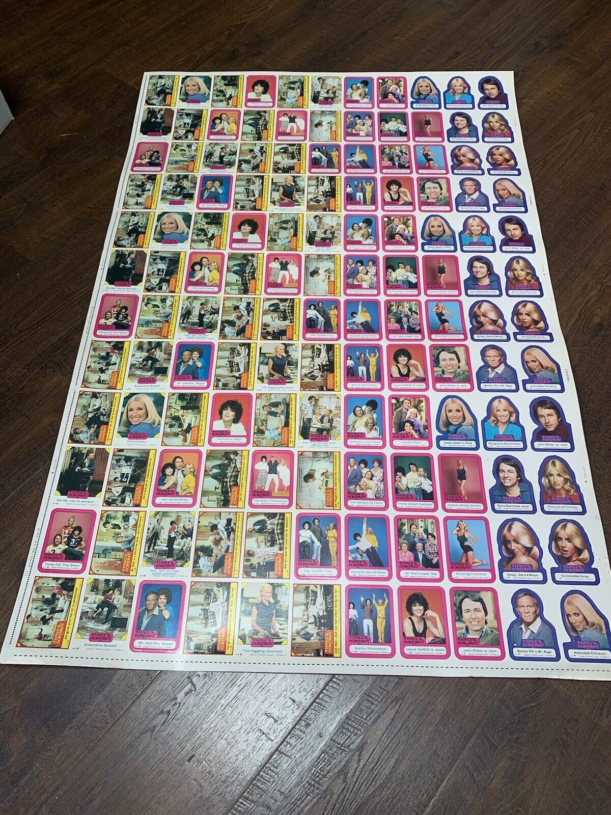 1978 Threes Company UNCUT SHEET CARDS 132 Cards/Stickers 44”x29”