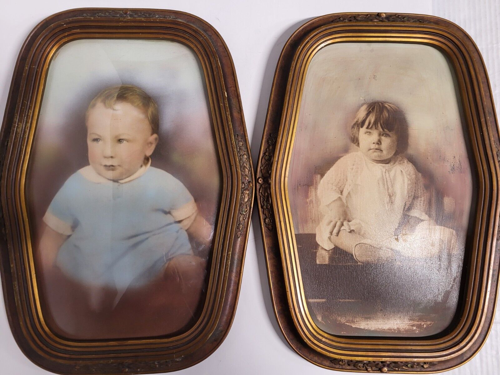 Antique Vintage Baby Boy & Girl Portraits In Original Frames Convex Bubble Glass