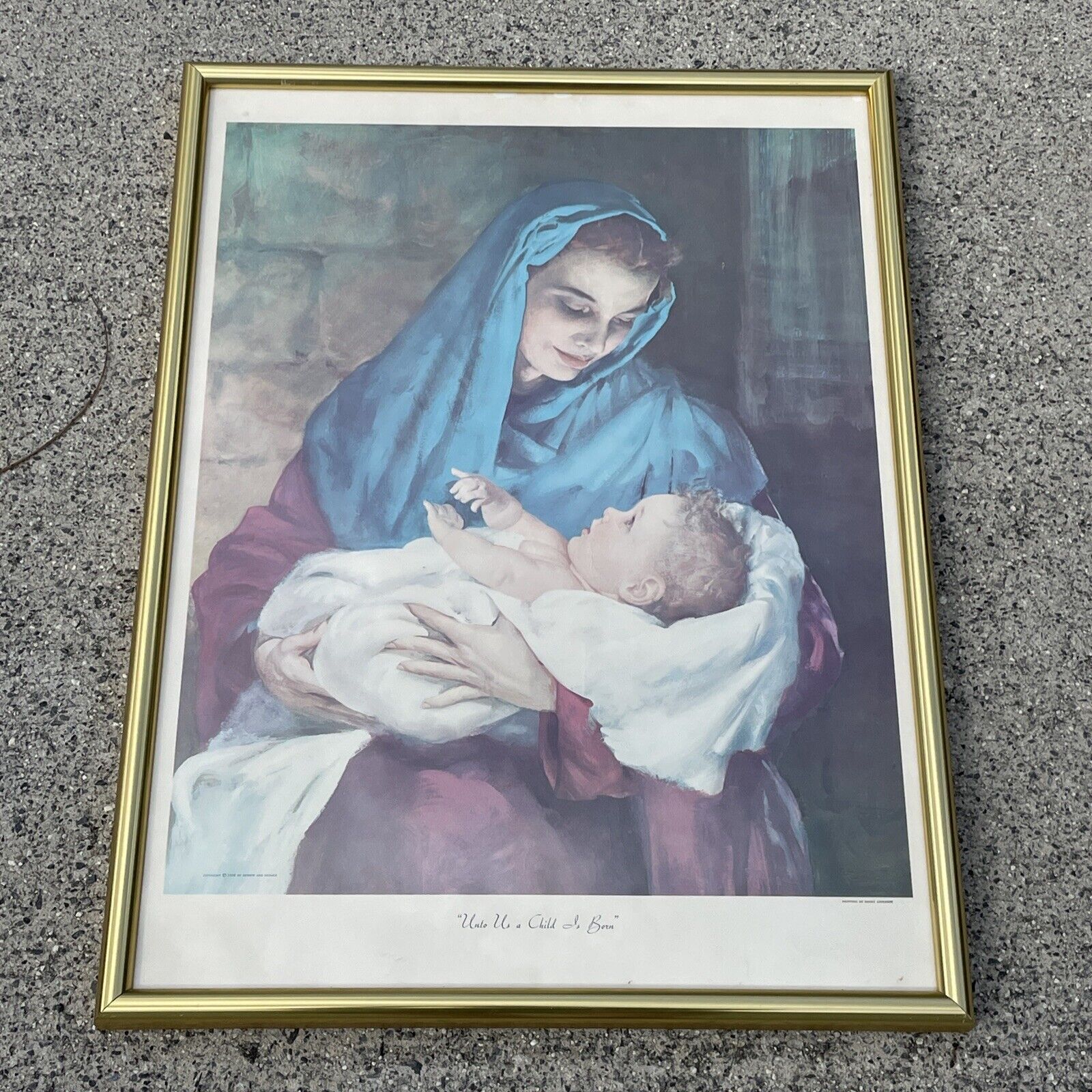 Antique Lithograph 1950's Mother Mary & Baby Jesus a Child Is Born MCM ❤️blt17j1