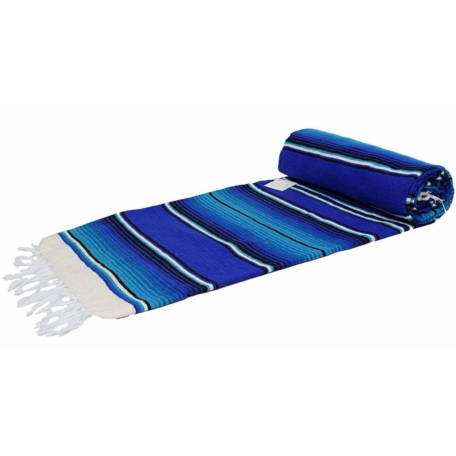 Traditional Mexican Blanket Striped Blue White Ocean Serape Baja Blanket XL