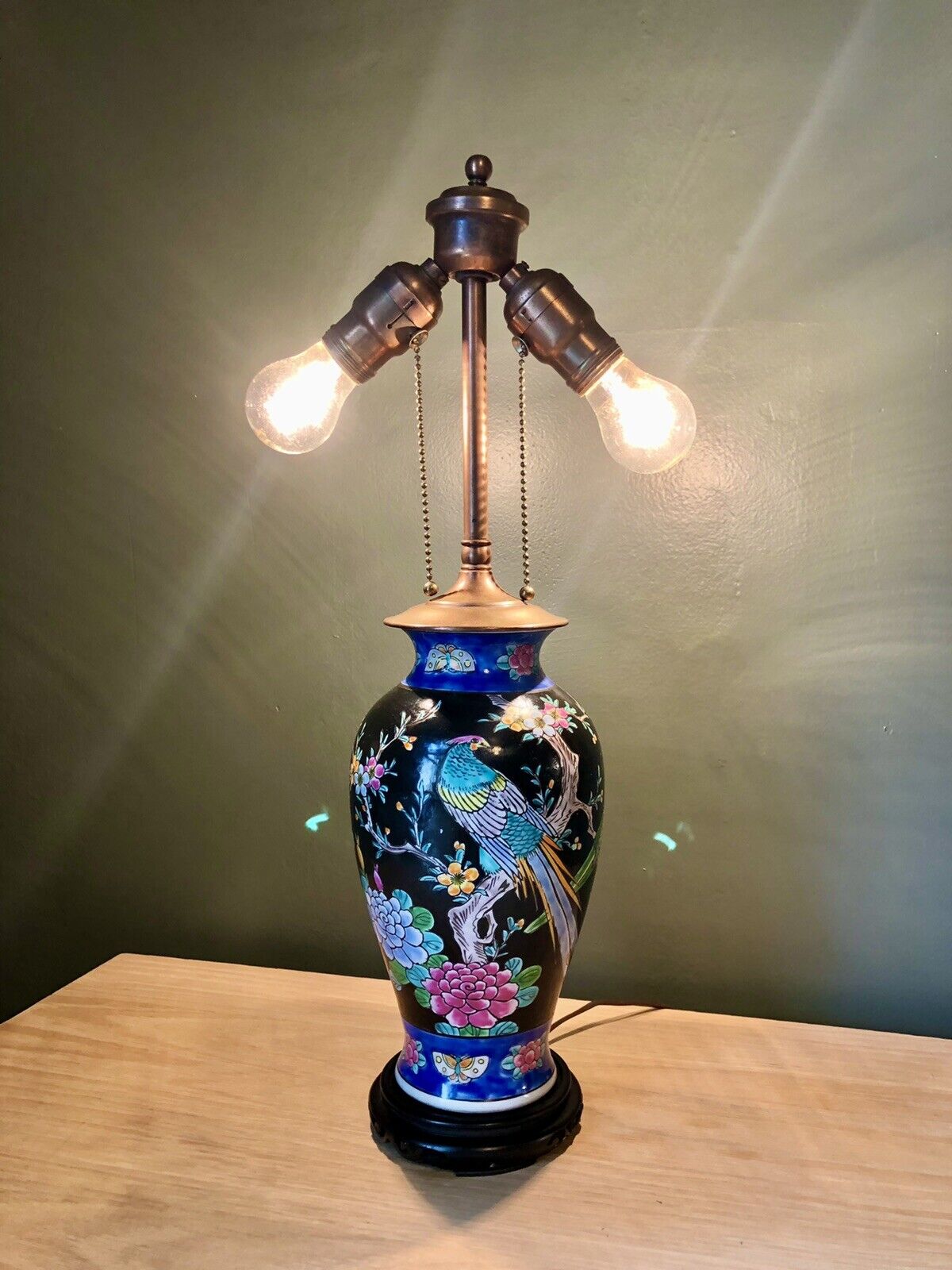 20” Chinese Vintage Lamp Vase Oriental Vase Wildflowers Birds Of Paradise Dual