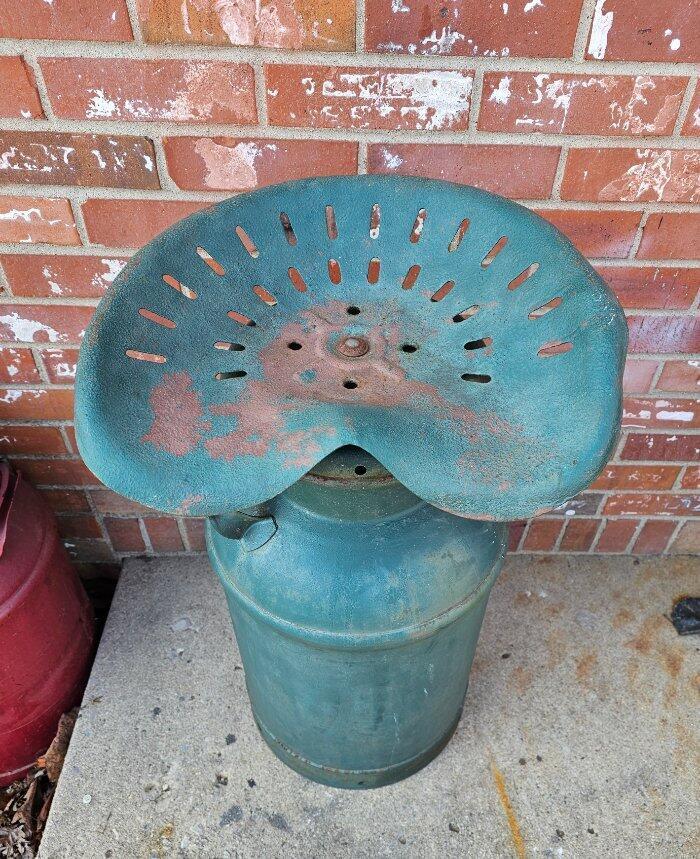 Antique BUHL Milk Can Blue Green Tractor Seat Stool
