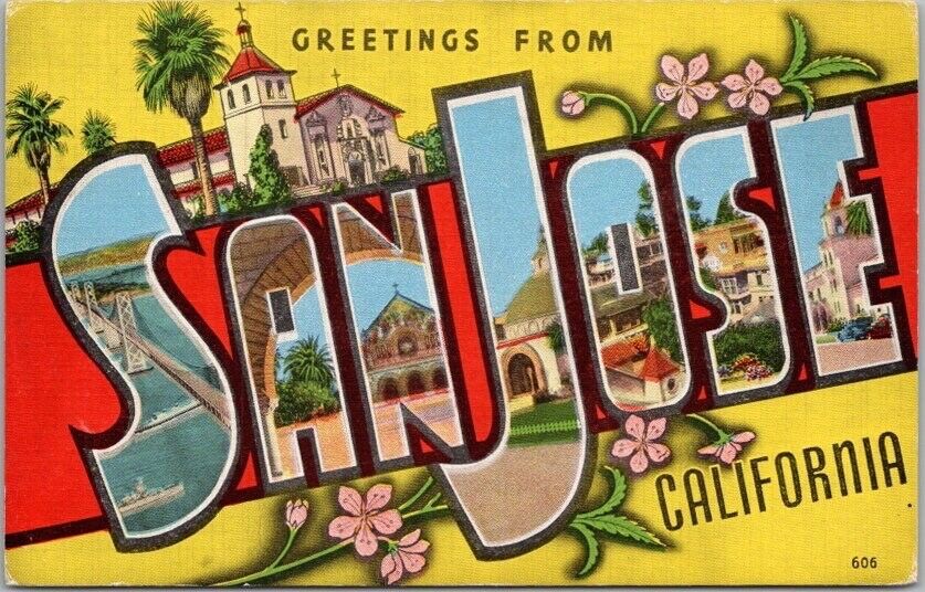 Vintage 1940s SAN JOSE California Large Letter Postcard KROPP Linen / Unused