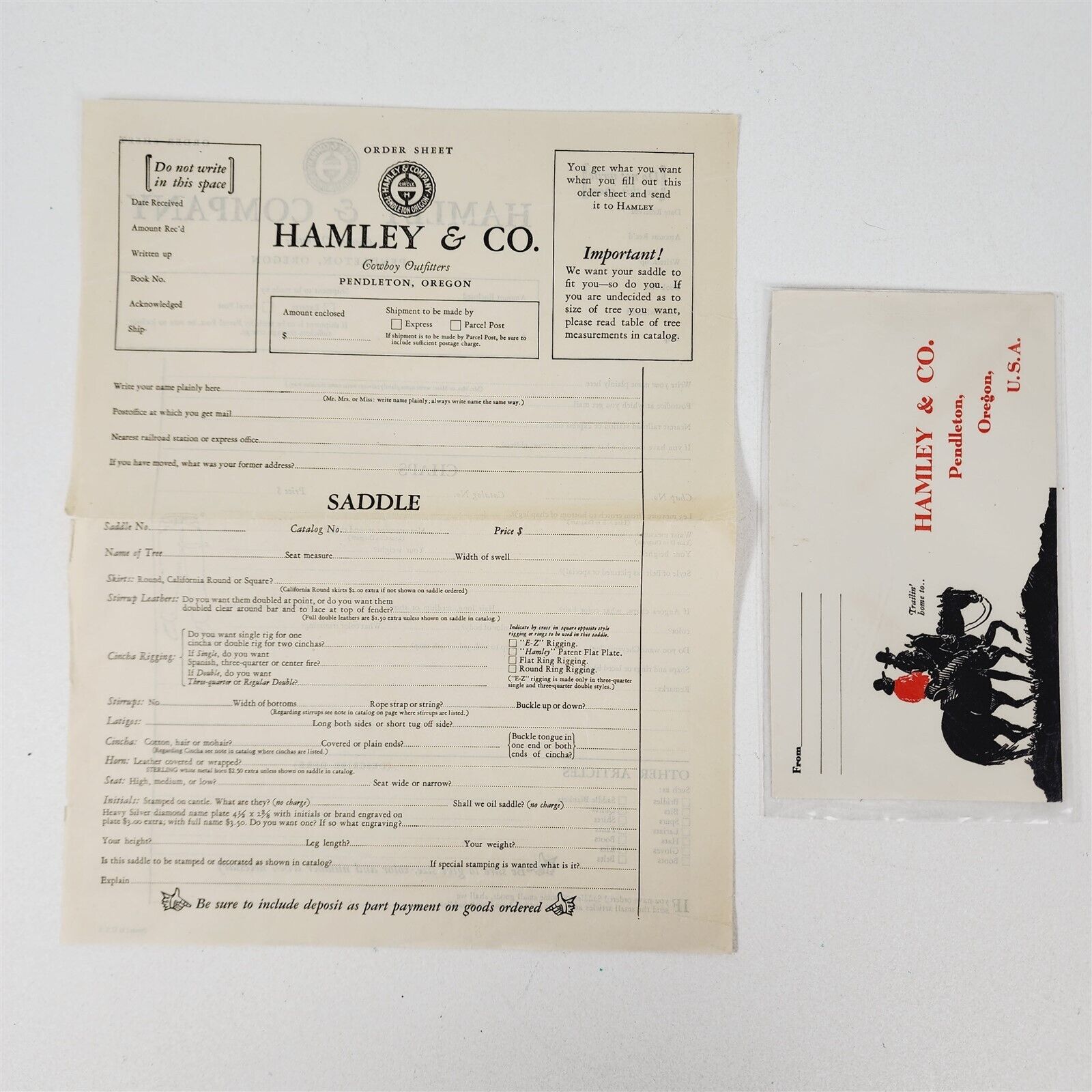 Vintage Hamley & Co Saddler Chaps Envelope Order Form Sheet Cowboy Advertising