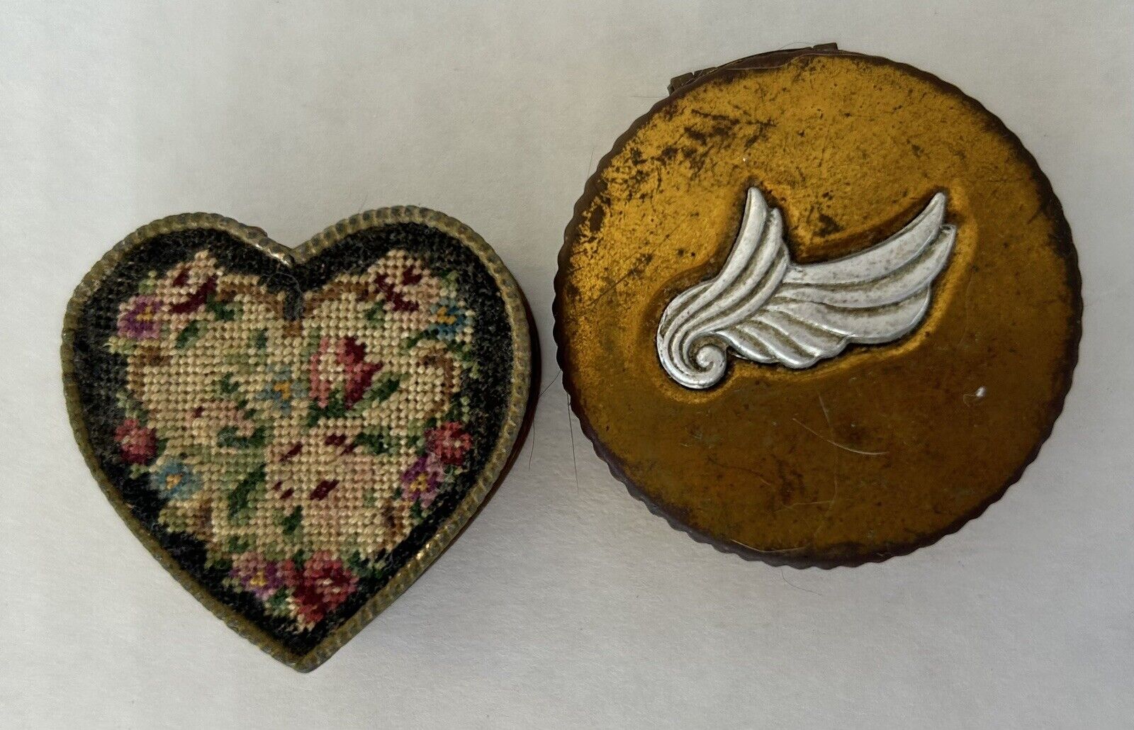 Vintage Powder Case Compacts Lot of 2 Embroidered Heart - Evening Paris Bourjois