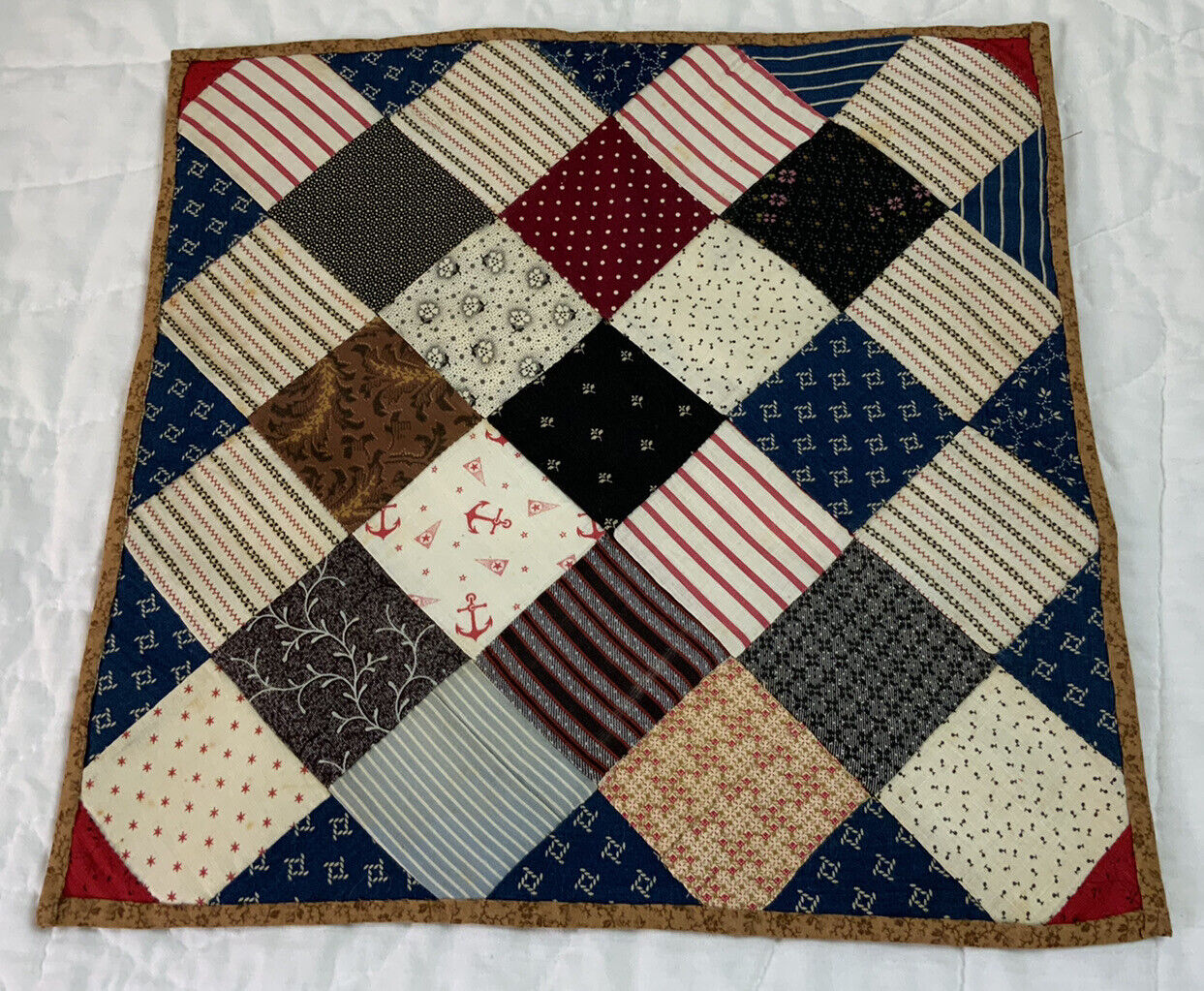 Antique Patchwork Quilt Table Topper, Early Calicos, Four Patch, Navy, Red Multi