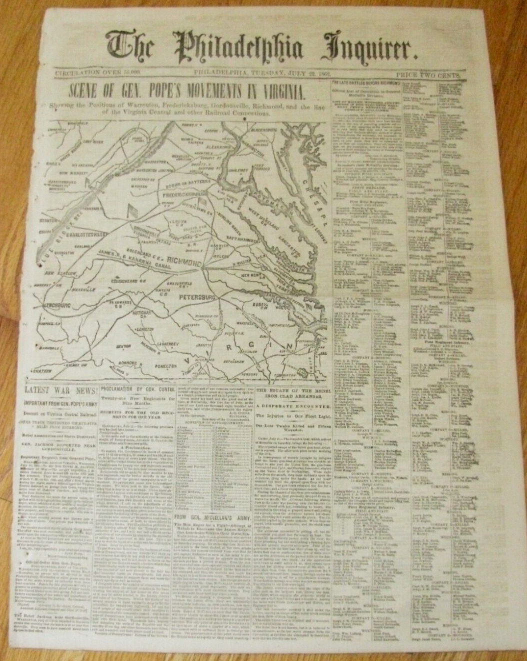 CIVIL WAR SECOND MANASSAS VIRGINIA & STONEWALL JACKSON NEWS & MAP 1862