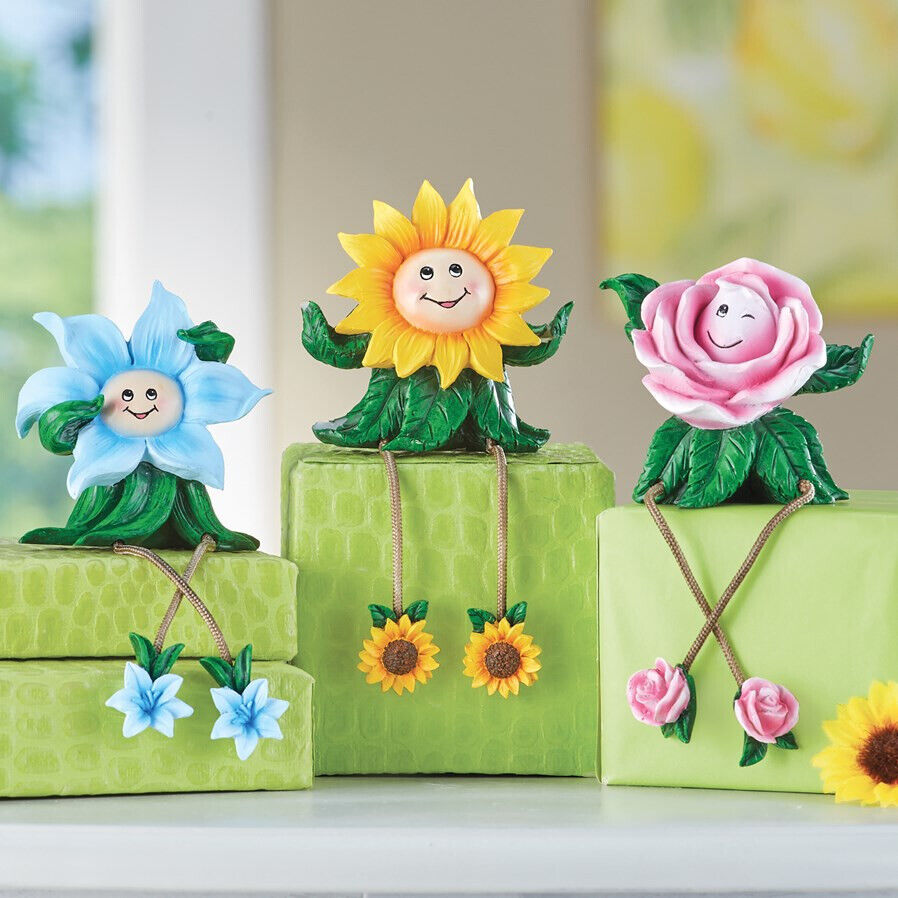 Set of 3 Adorable Anthropomorphic Flower Shelf Sitter Figurine Spring Home Decor