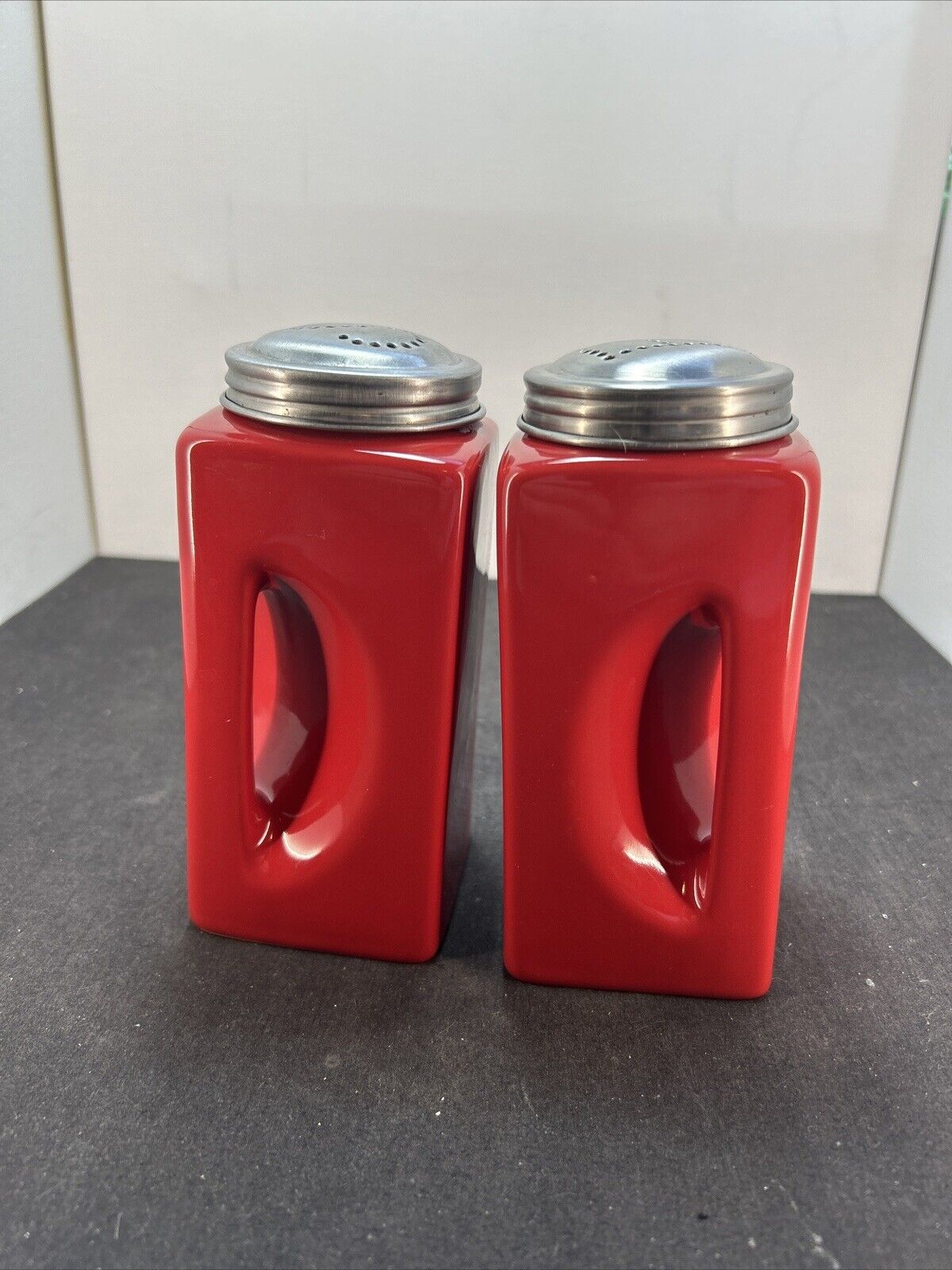 OGGI 6” Salt N Pepper Shakers Tall Red Square Ceramic Built- In Handles