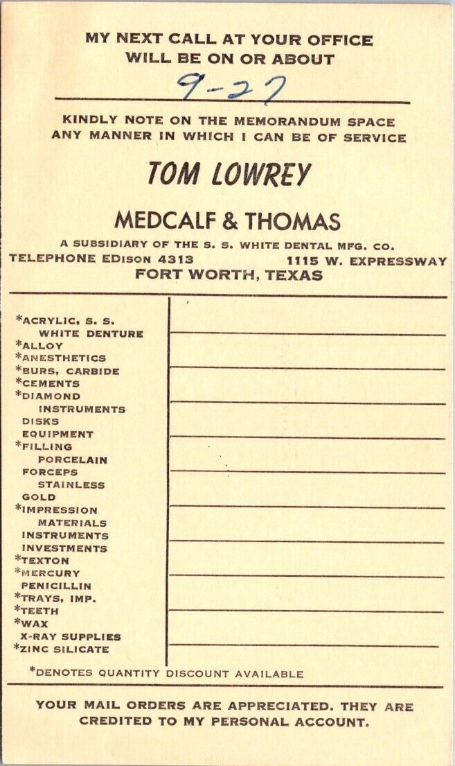 Fort Worth TX Tom Lowrey Medcalf Thomas SS White Dental Texas c1950 postcard IP1