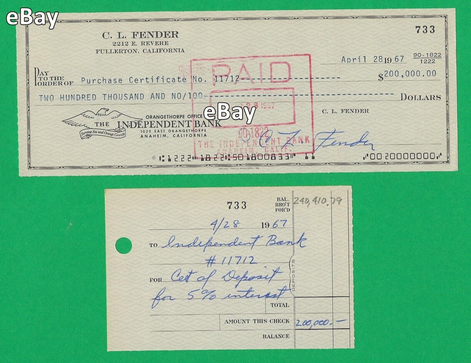Leo Fender Signed 1967 Business Check w/ Stub Made For $200,000.00