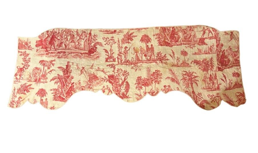 Beautiful 19th C French Linen  Scenic Conversational Toile Quilted Valance 1620