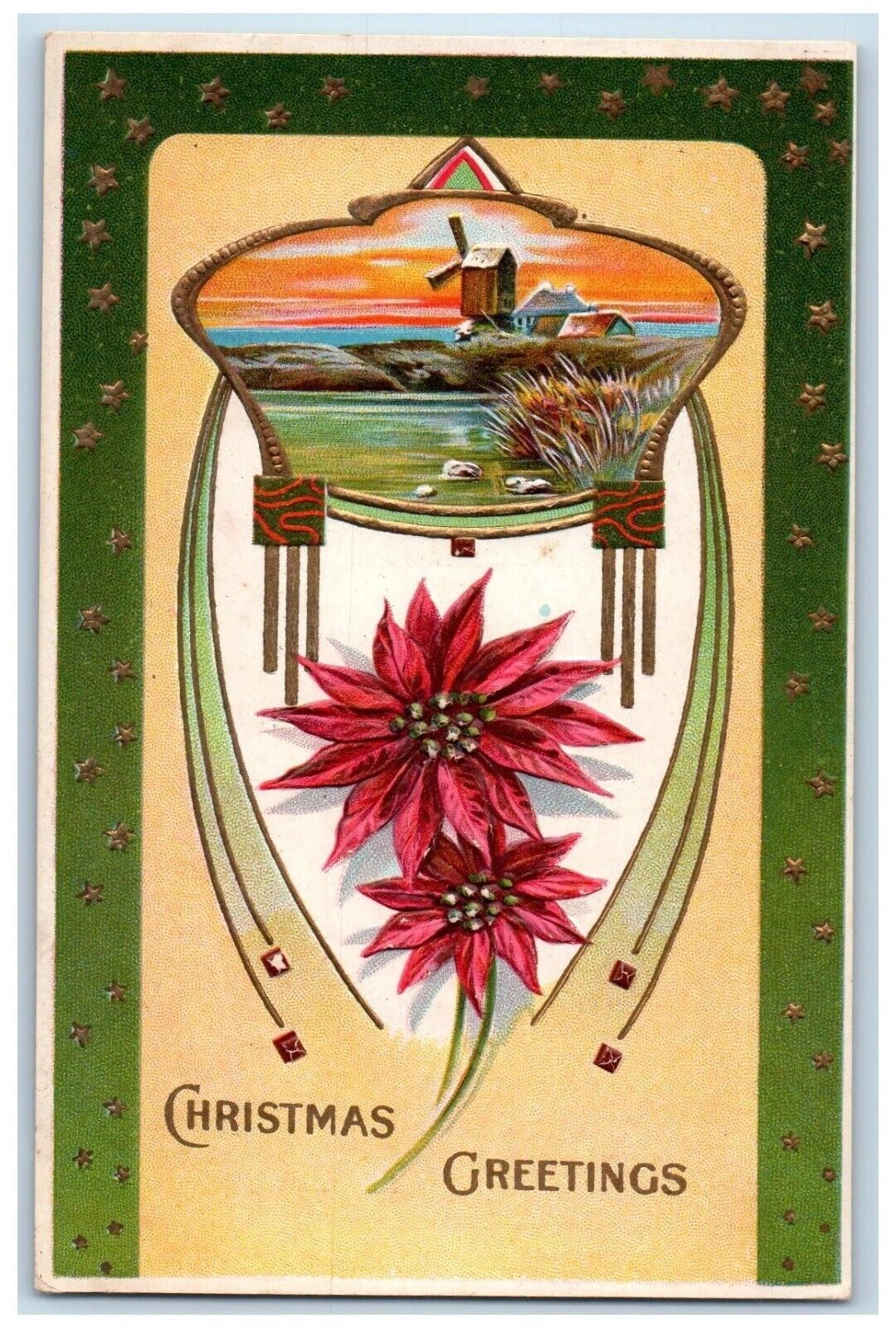 c1910's Christmas Greetings Poinsettia Flowers Windmill Art Nouveau Postcard