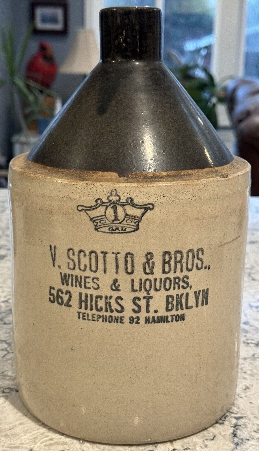 Antique Stoneware 1 Gallon Jug/Crock - V. Scotto & Bros, Brooklyn, NY - 12\