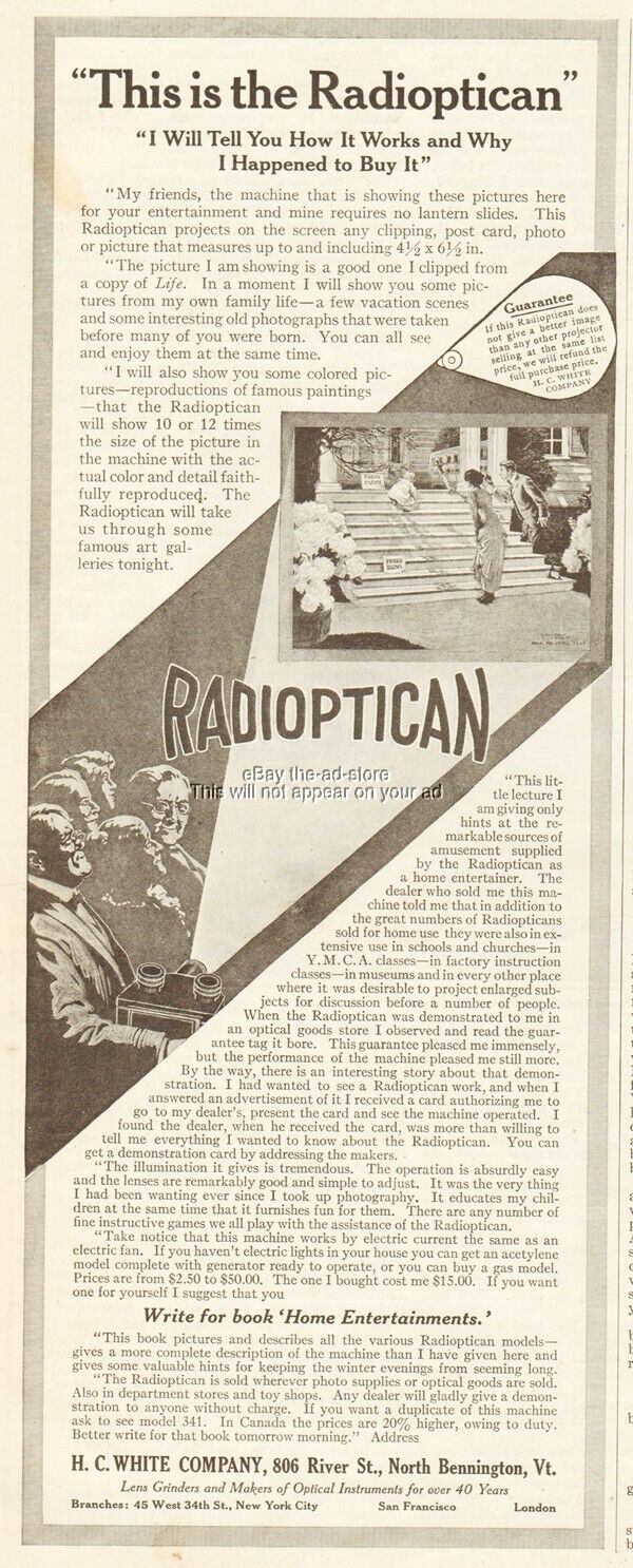 1912 Radioptican Postcard Photo Viewer Projector H C White Co Bennington VT Ad
