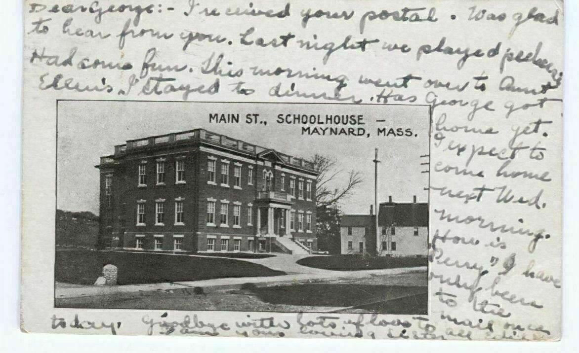 Postcard Main St Schoolhouse Maynard MA 1905