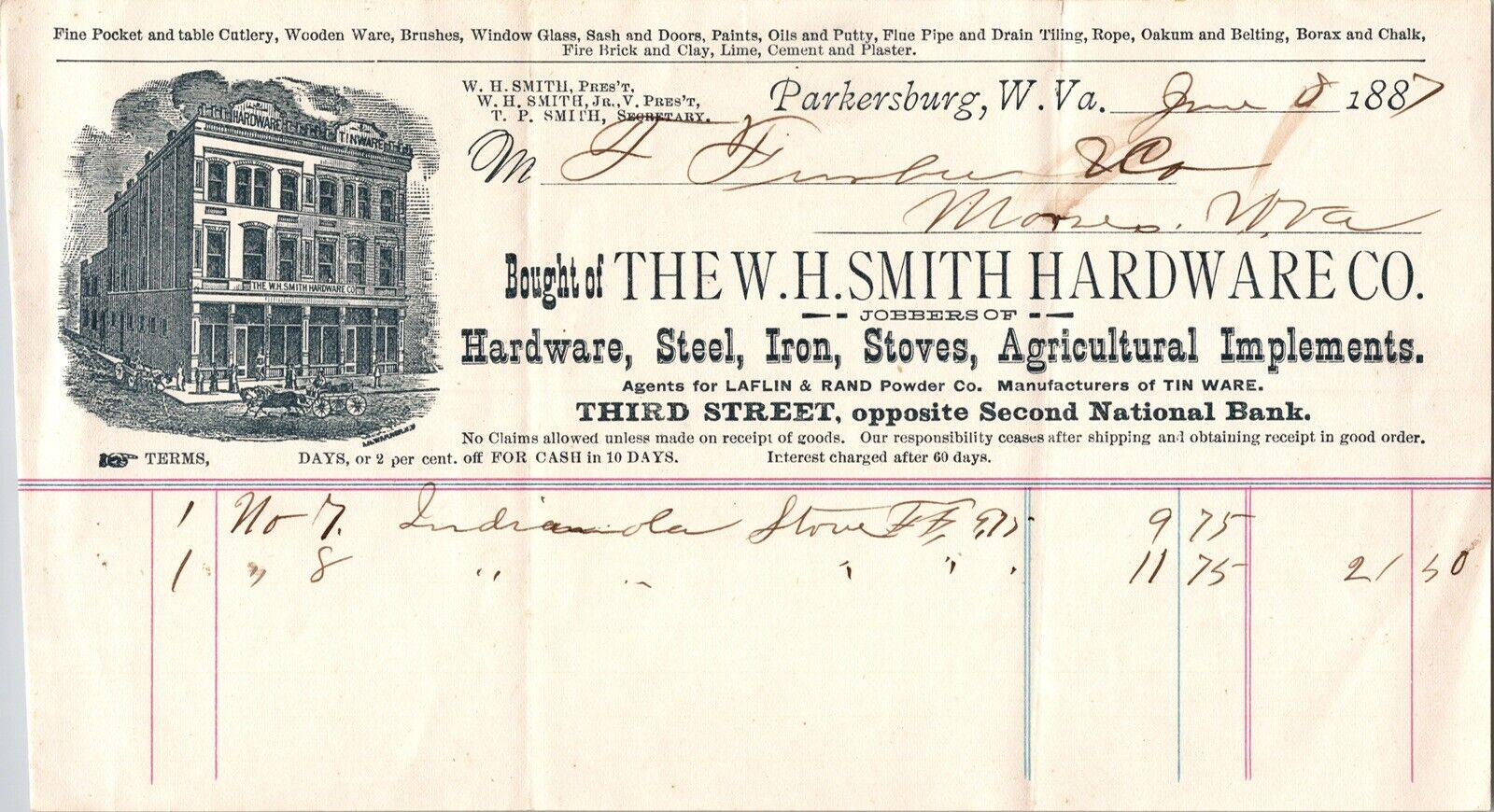 1887 Vintage Letterhead W.H. Smith Hardware Company Parkersburg WV
