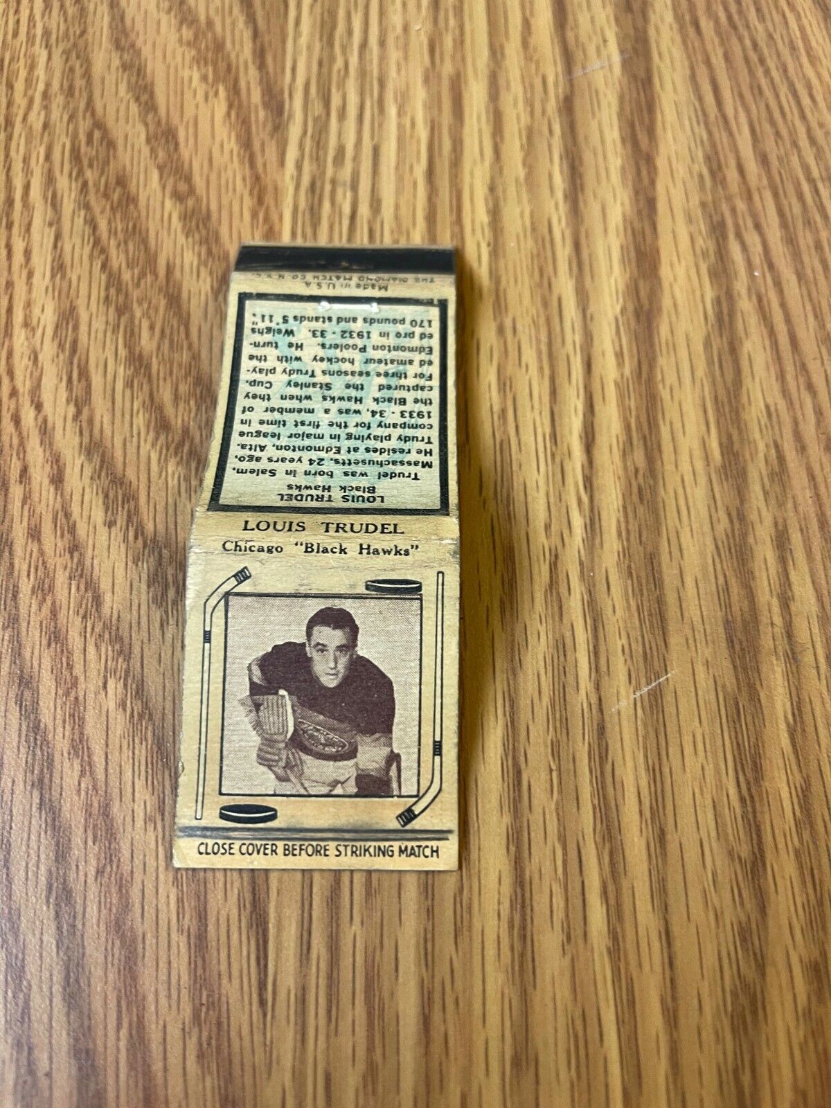 Vintage Matchbook Cover NHL Player & Team CHICAGO BLACKHAWKS Louis Trudel