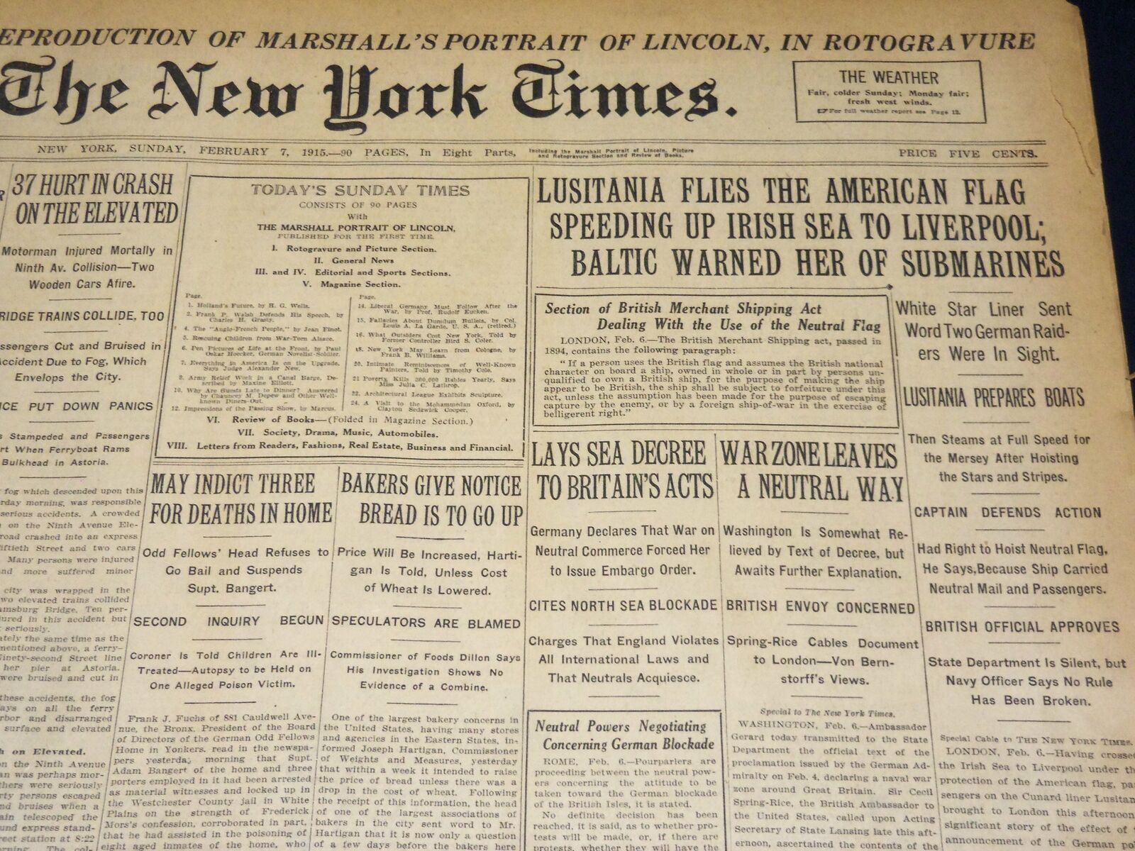 1915 FEBRUARY 7 NEW YORK TIMES - LUSITANIA FLIES THE AMERICAN FLAG - NT 7768