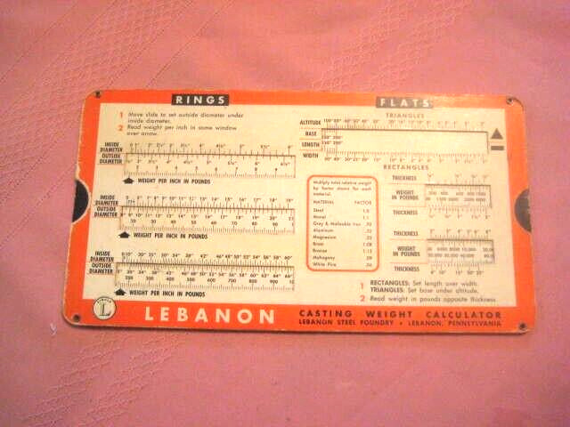 Lebanon Steel Foundry Casting Weight Slide Chart Calculator Vintage 1961