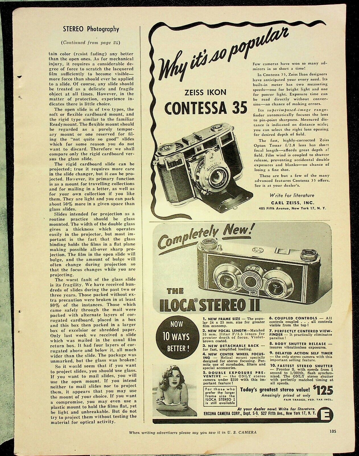 1952 Zeiss Ikon Contessa 35 Iloca Stereo II Magazine Print Ad Erocna
