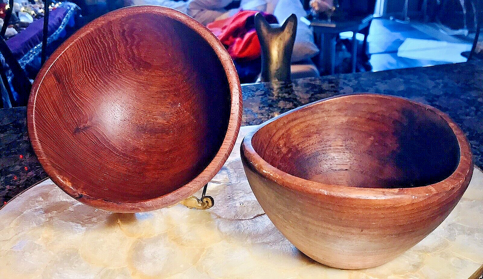 Vintage Bohemian Primitive Arist Teak Wooden Thick Hand Crafted Bowls Set of 2