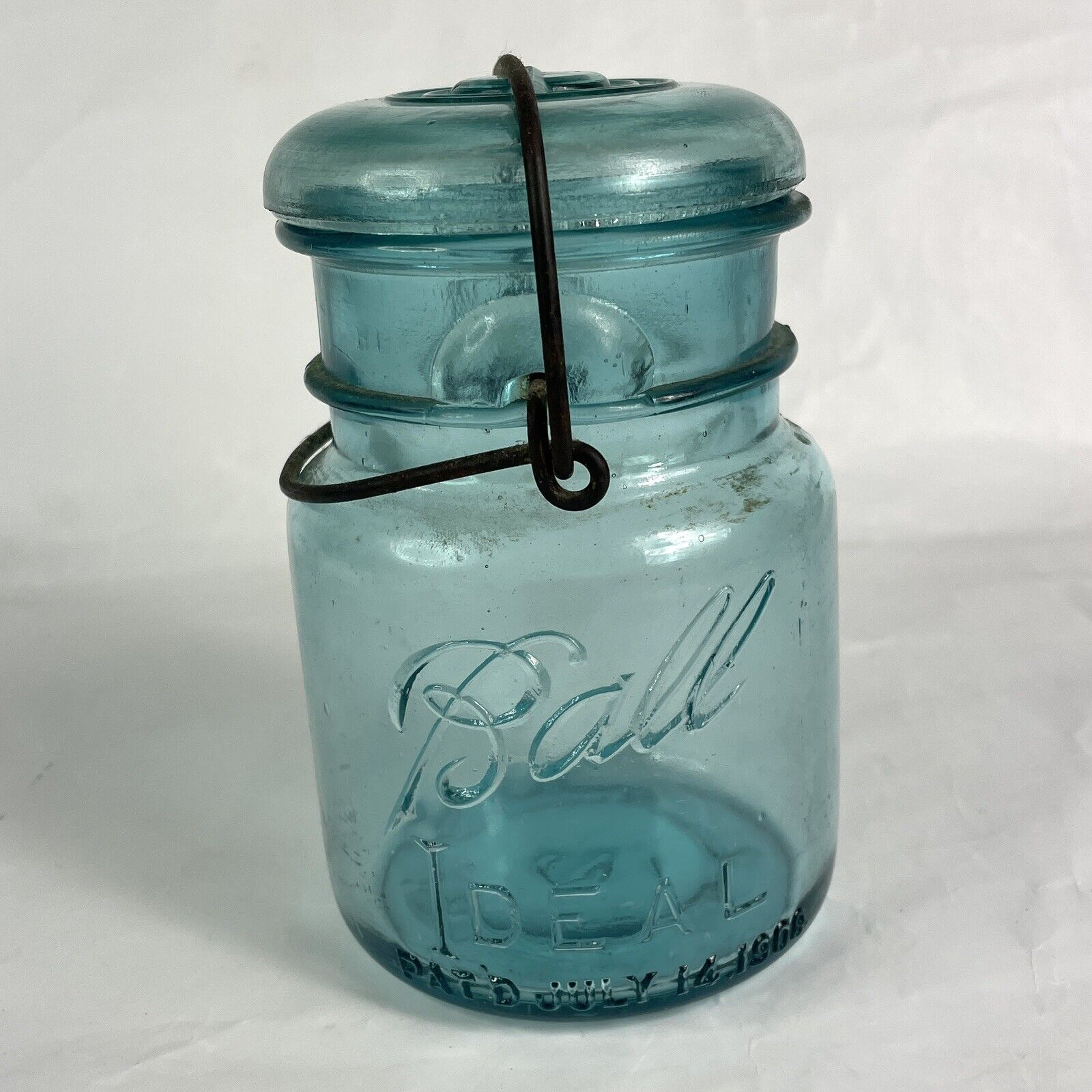Vintage Ball Ideal Mason Jar - July 14 1908 - Blue Glass - 1 Pint No. 2