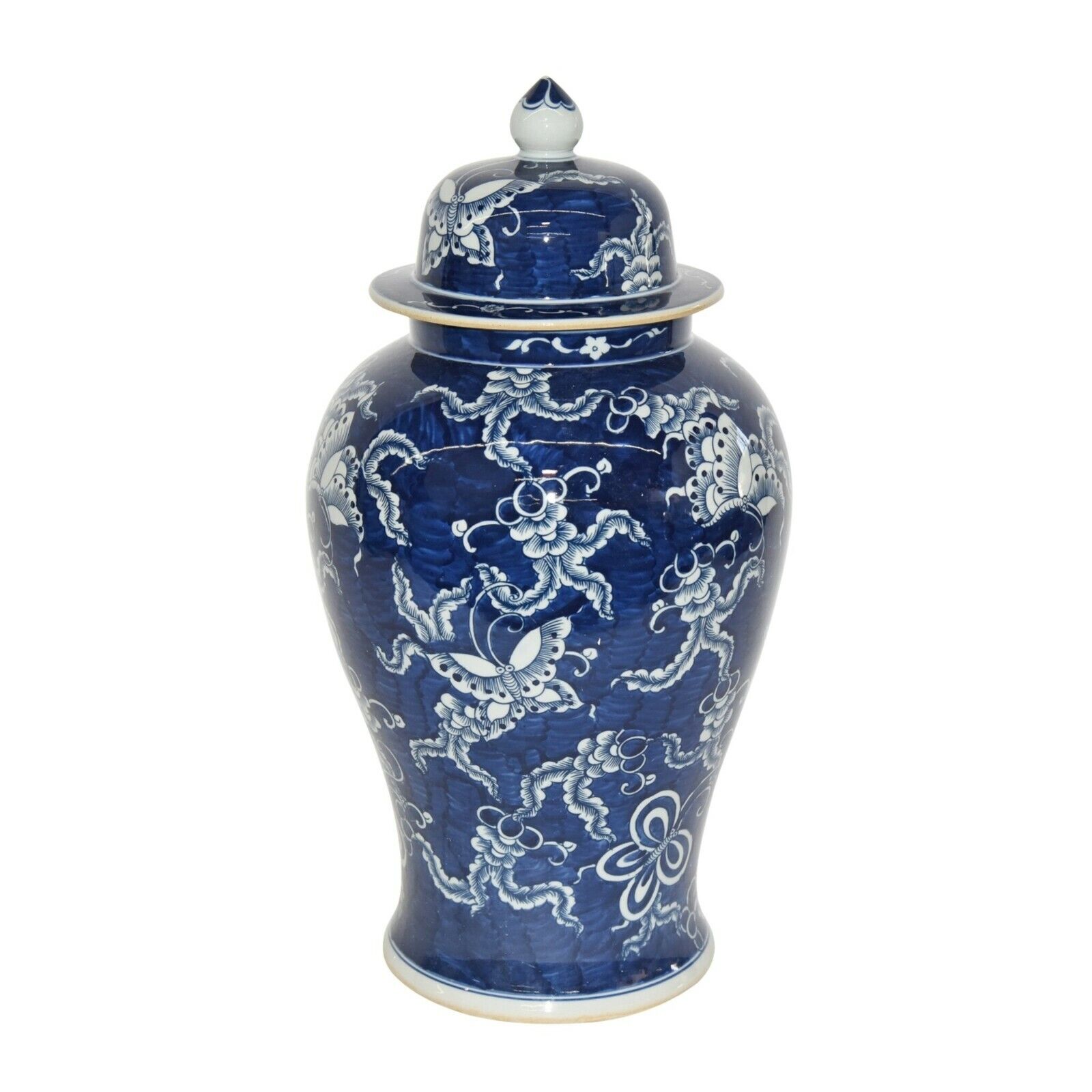 Blue & White Large Porcelain Butterfly Motif Temple Jar Ginger Jar 24