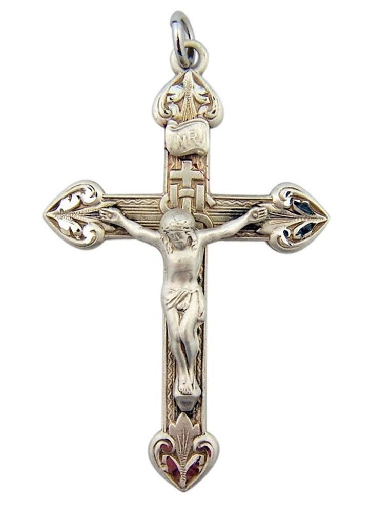 Sterling Silver Fleur De Lis Crucifix Pendant with Cross IHS Design 1 3/4 Inch