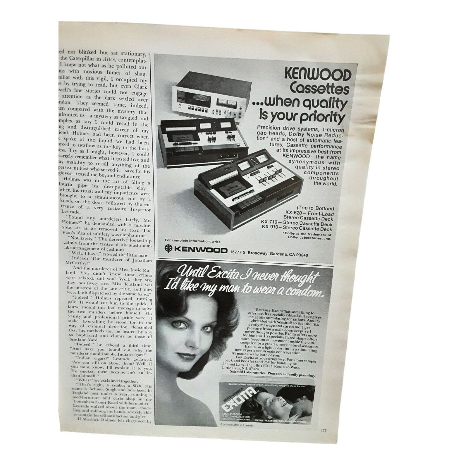 1976 Kenwood Cassette Decks and Excita Condoms Vintage Print Ad 70s Original