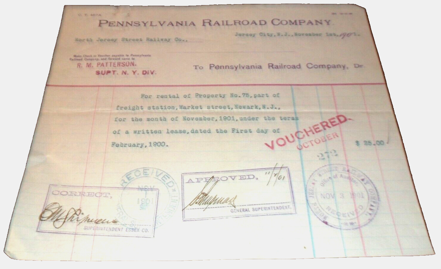 1901 PENNSYLVANIA RAILROAD PRR BILL NEWARK MARKET NORTH JERSEY STREET RAILWAY