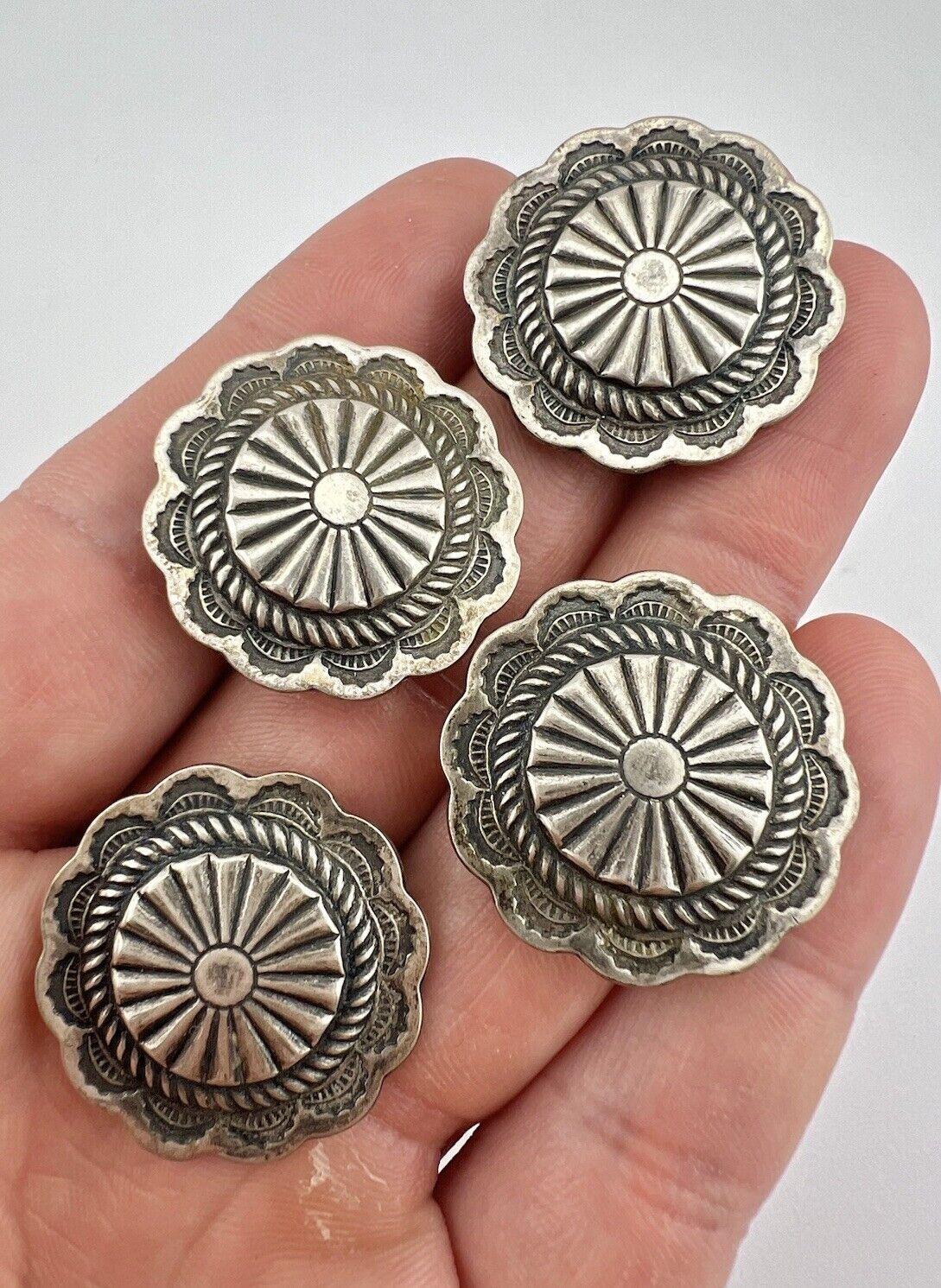 4 - Vintage Navajo Solid Sterling Silver Deep Stamped Concho Shirt Button 1 1/8\