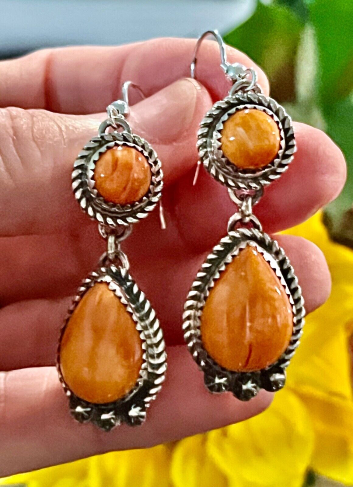 Signed Pete Trujillo Sterling Silver and Orange Spiny Oyster Dangle Earrings