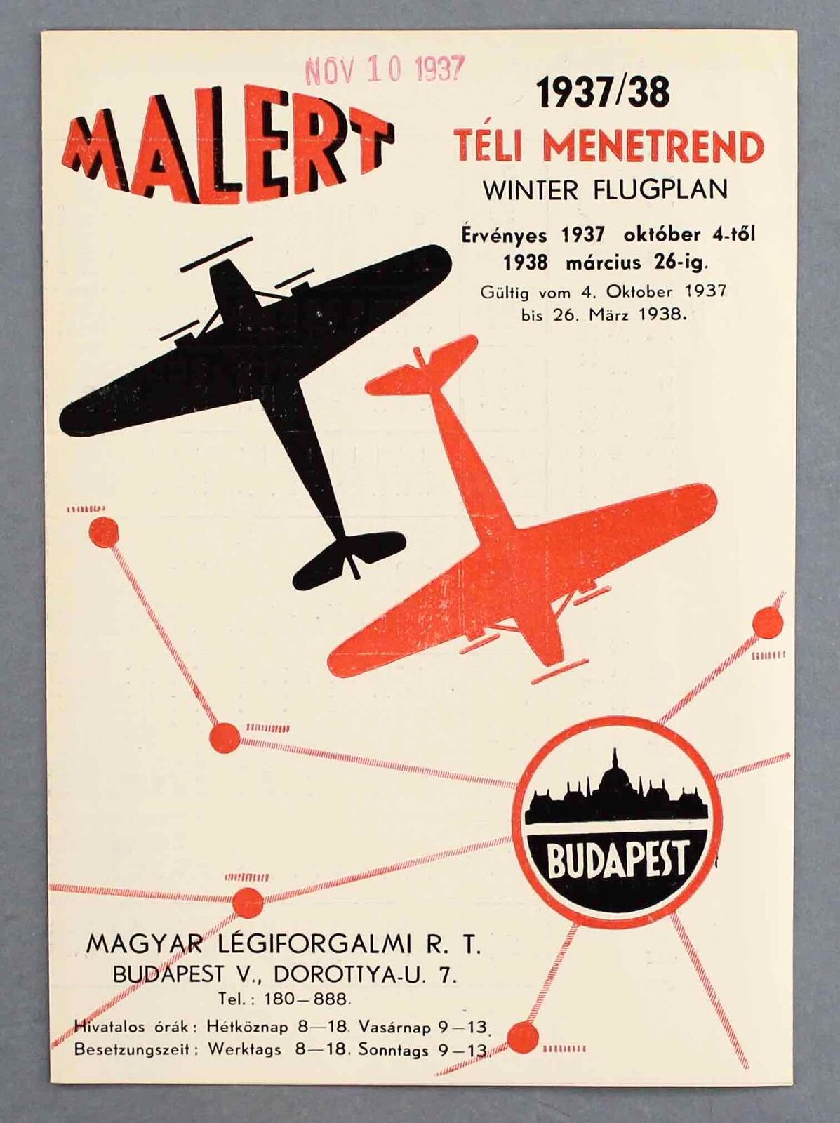 MALERT PRE-WAR AIRLINE TIMETABLE WINTER 1937/38 HUNGARY MALEV