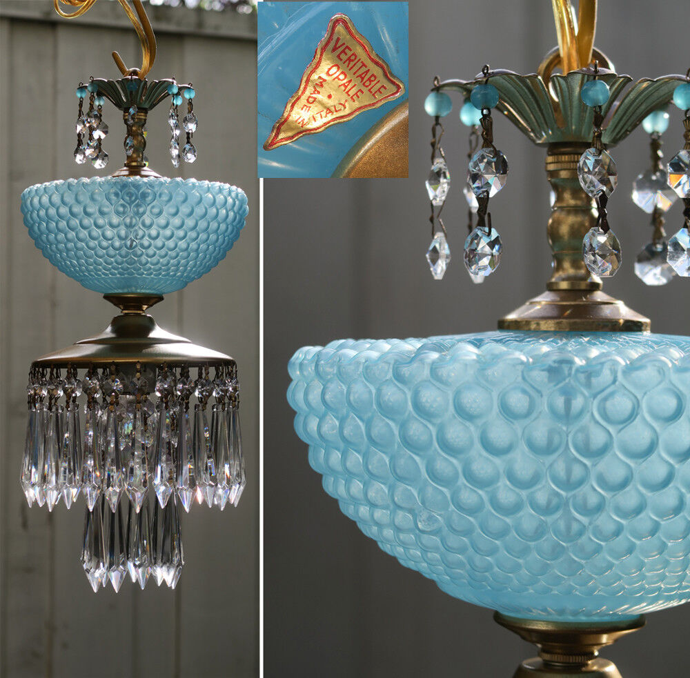 Vintage Lamp ceiling chandelier MURANO Venetian Blue Opaline Bubble Glass brass