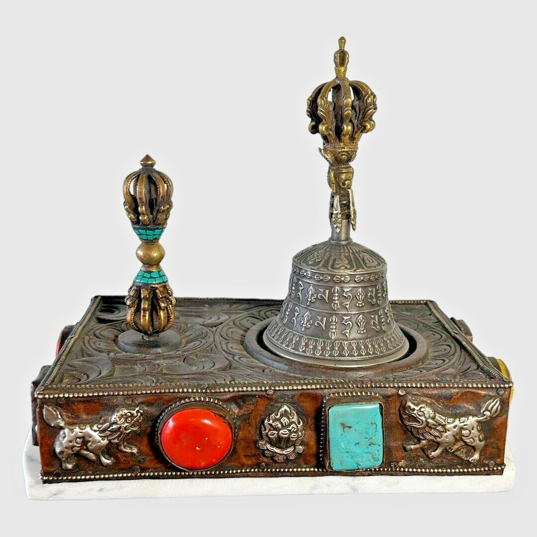 TIBETAN BUDDHISM TEMPLE BELL & VAJRA DORJE SCEPTRE BOX STAND STONE SET