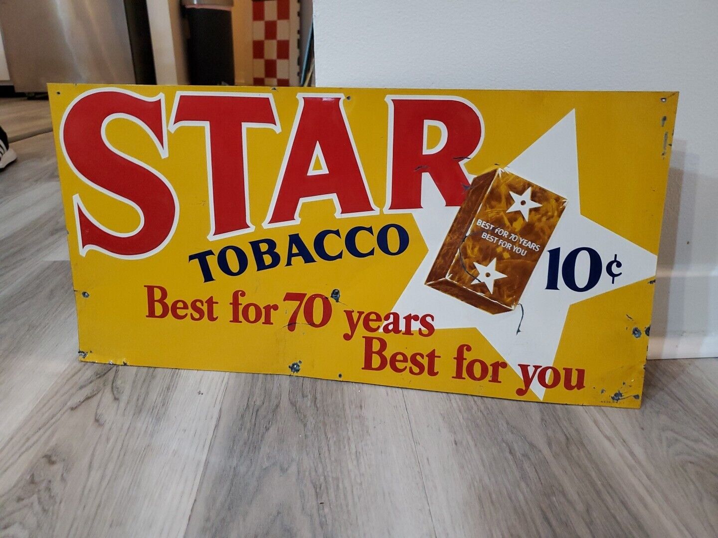 c.1930s Original Vintage Star Tobacco Sign Metal Embossed Tin Cigarettes Texas