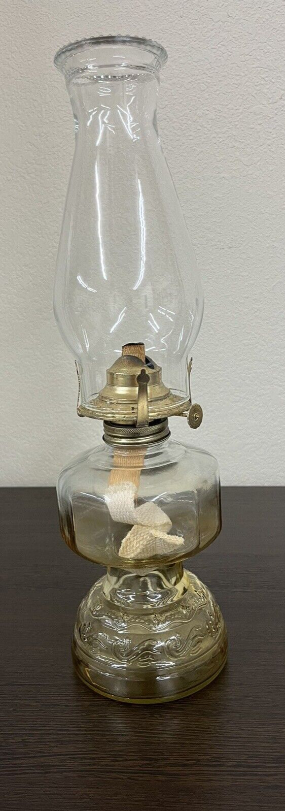 Vintage Large Clear Glass Paneled Kerosene Oil Lamp & Beaded Chimney