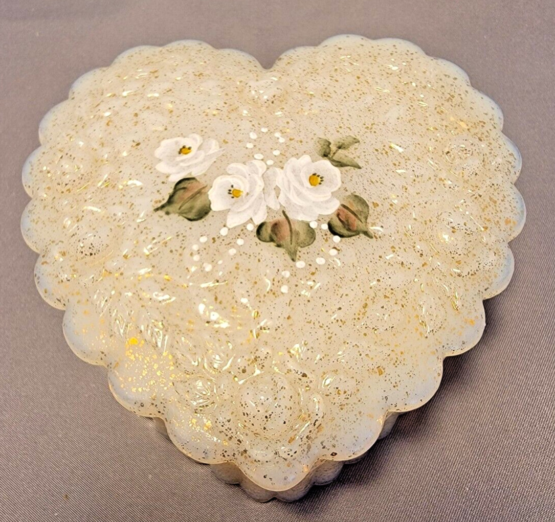 Fenton Iridescent  Heart Shaped Trinket  Box w/ Lid Exquisite Gold Flecks Roses