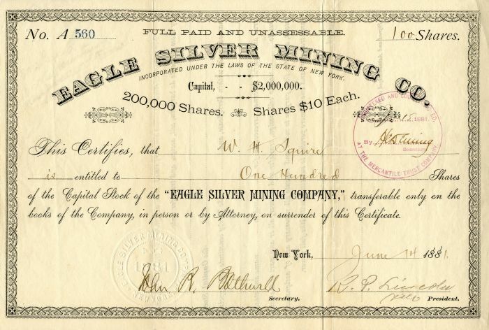 Eagle Silver Mining Co. - Stock Certificate - Mining Stocks