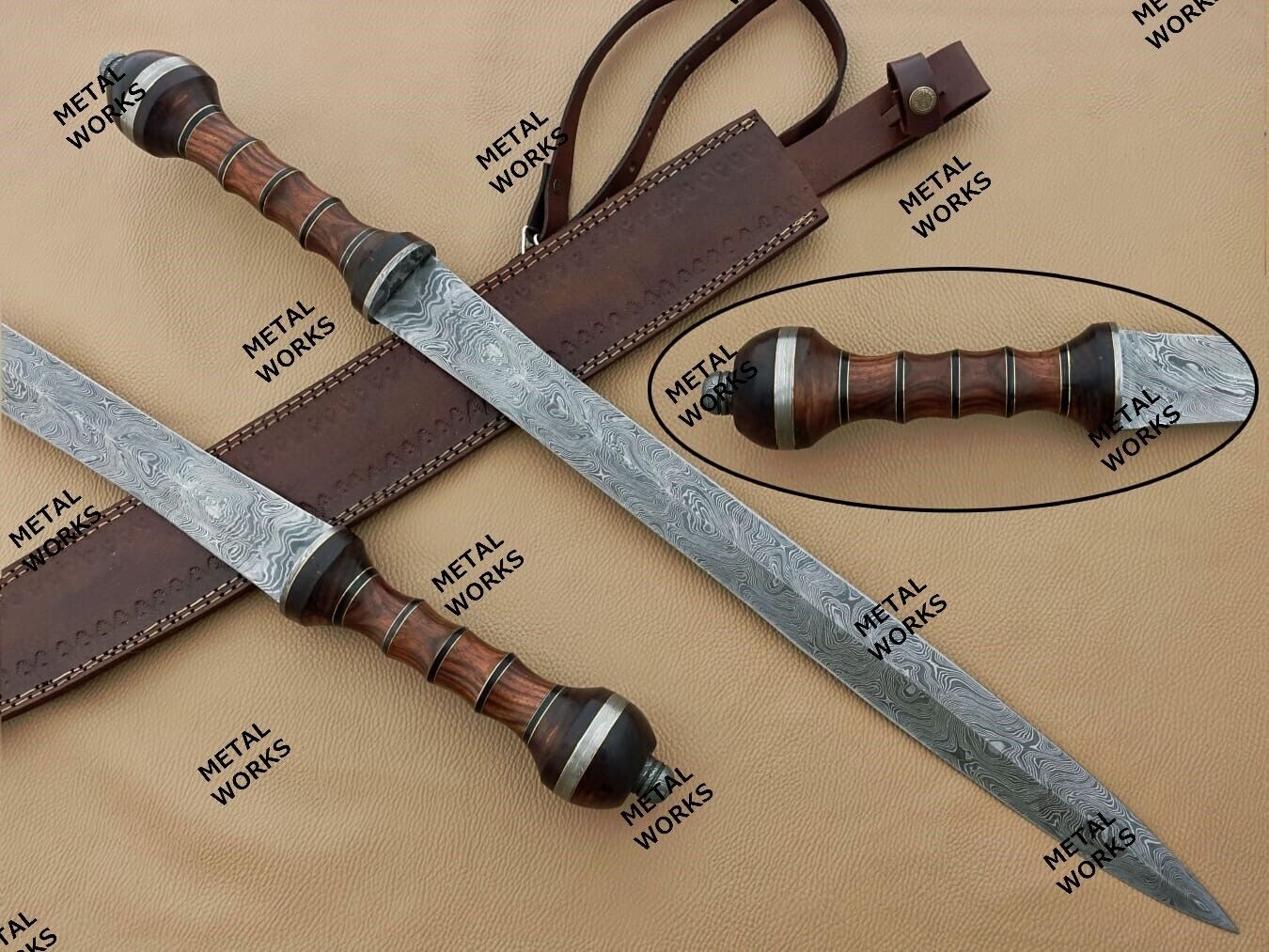 Damascus Steel Gladiator Sword/Handmade Gladius Sword With Leather Sheath.